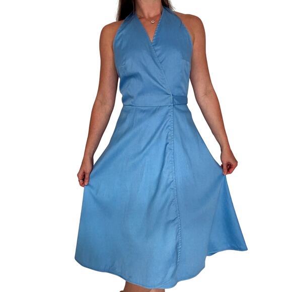 Vintage 1970s Wrap Dress Ellen Tracy Bonwit Teller Blue Cotton Fit & Flare - Picture 2 of 13